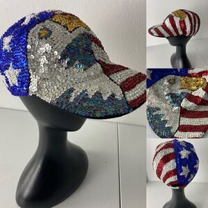 American Flag All Over Sequined Ball Cap Eagle Stripes Stars Patriotic USA OS